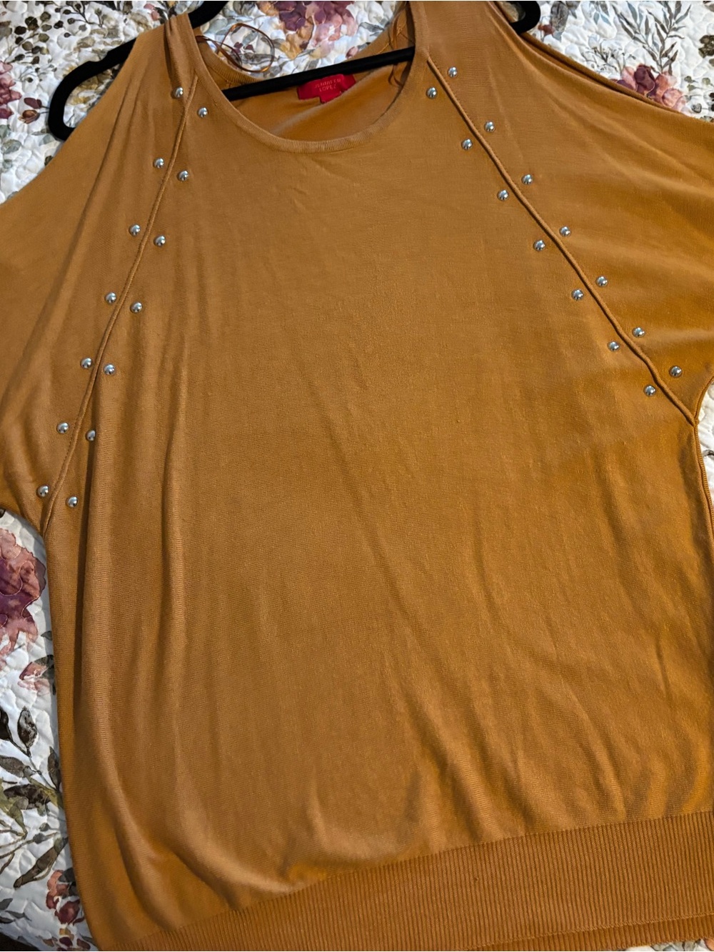 Jennifer Lopez Mustard Cold-Shoulder Studded Top
